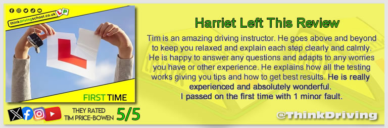Becca left this awesome review of tim price-bowen at think driving school after passing in July 2025