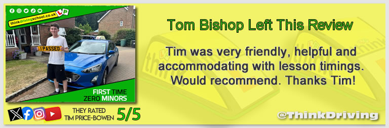 Becca left this awesome review of tim price-bowen at think driving school after passing in July 2025