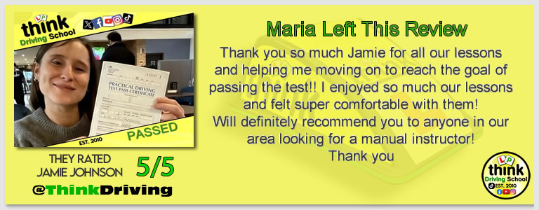 Passed with think driving school January 2026 and left this 5 star review