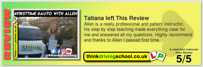 5 Star review of think Driving School Passed with think driving school in December 2018 and left this 5 star review