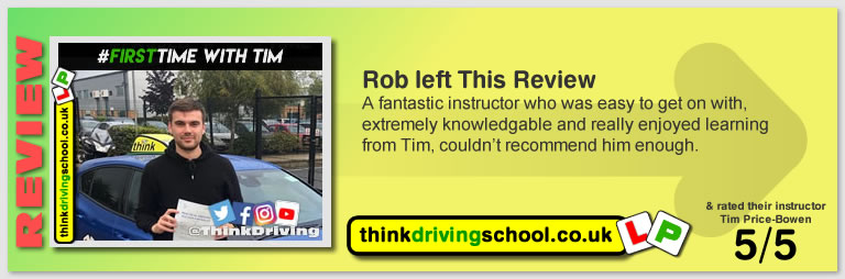 George Winser left this awesome review of tim price-bowen at think driving school after passing in August 2019