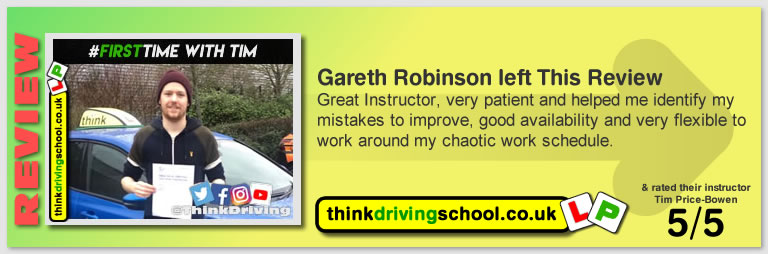George Winser left this awesome review of tim price-bowen at think driving school after passing in August 2019