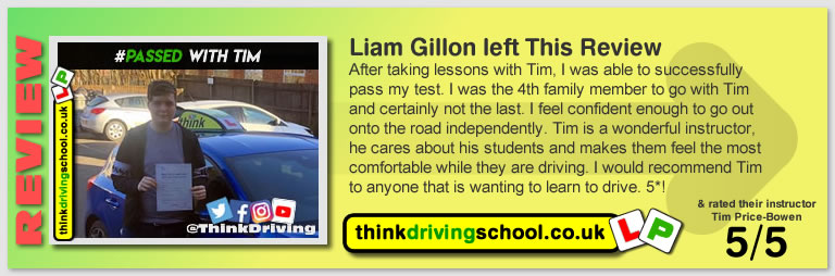 George Winser left this awesome review of tim price-bowen at think driving school after passing in August 2019
