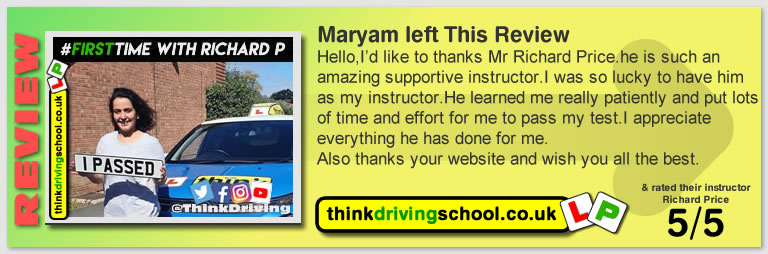 Passed with think driving school August 2020 and left this 5 star review