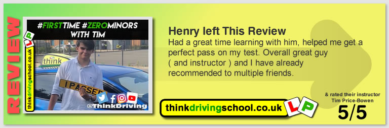 George Winser left this awesome review of tim price-bowen at think driving school after passing in August 2020