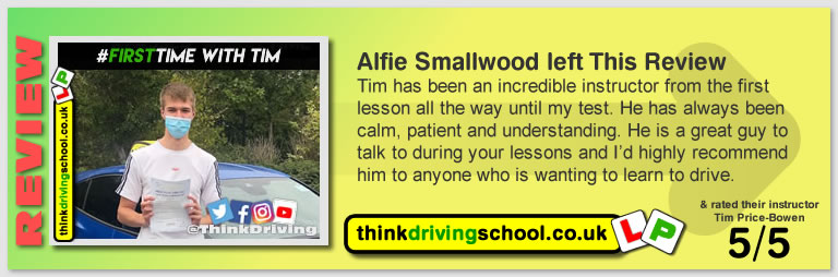 George Winser left this awesome review of tim price-bowen at think driving school after passing in August 2020