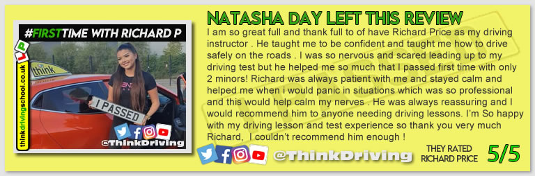 Passed with think driving school September 2021 and left this 5 star review