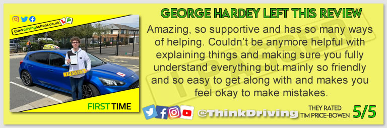 Becca left this awesome review of tim price-bowen at think driving school after passing in March 2022