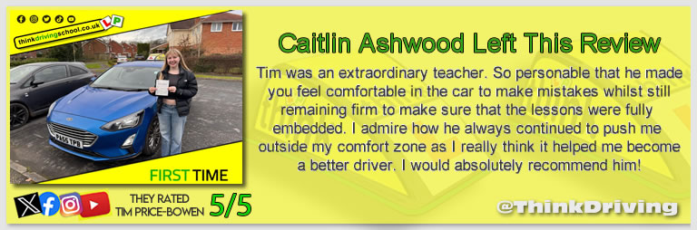 Becca left this awesome review of tim price-bowen at think driving school after passing in December 2024
