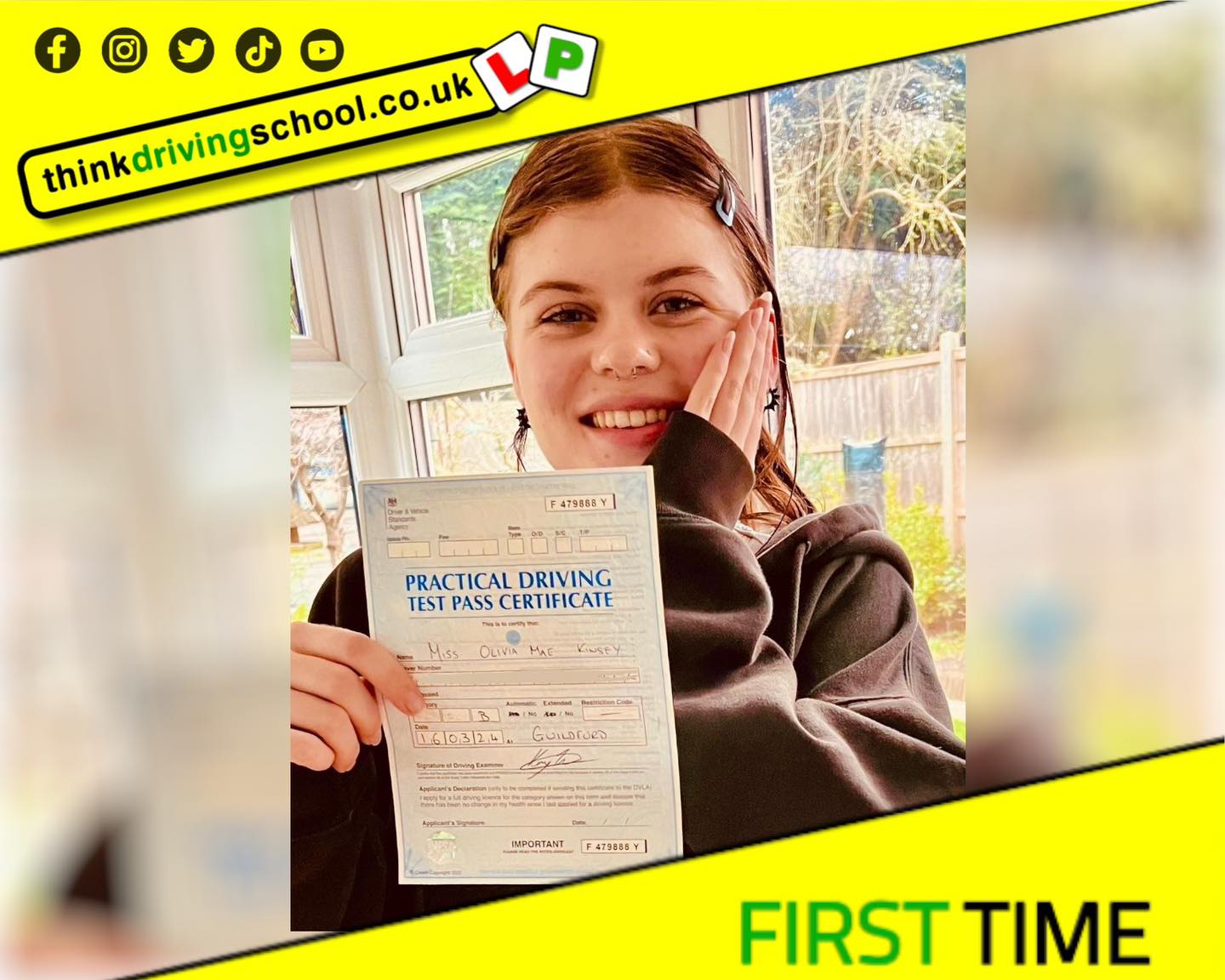 Driving School Hampshire pass Photo Passed with think driving school MARCH 2024 and left this 5 star review
