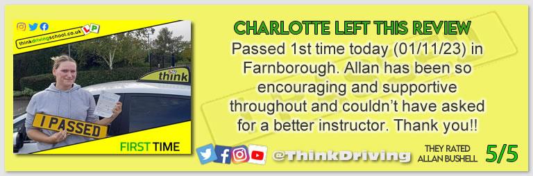 Driving School Hampshire pass Photo Passed with think driving school November 2023 and left this 5 star review