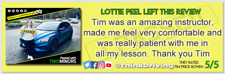 Becca left this awesome review of tim price-bowen at think driving school after passing in November 2023
