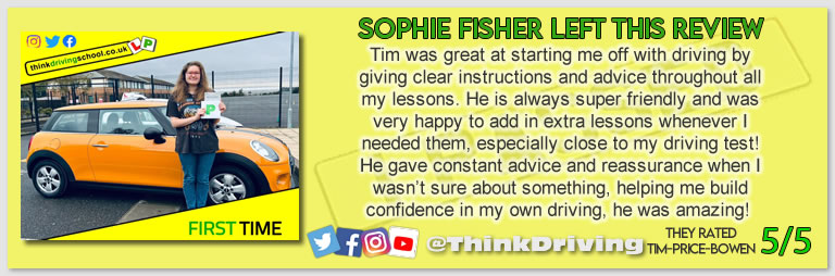 Becca left this awesome review of tim price-bowen at think driving school after passing in December 2022
