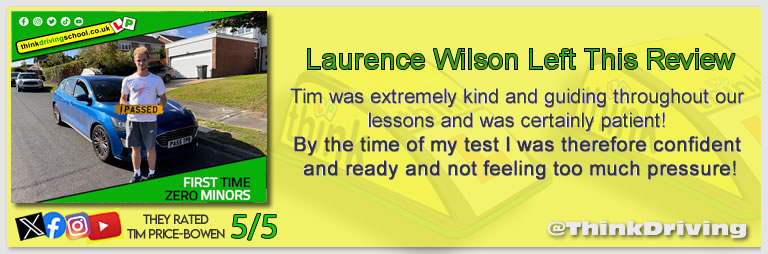 Becca left this awesome review of tim price-bowen at think driving school after passing in January 2024