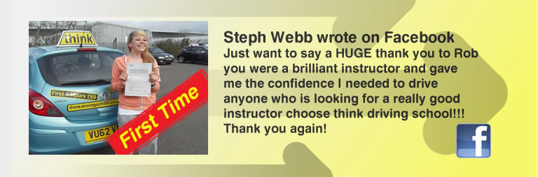 steph webb from liphook passed First time with rob evamy and left this awesome review of think drivingschool