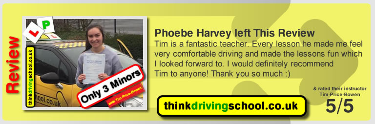 Katherine Rowett left this awesome review of tim price-bowen at think driving school after passing in January 2017